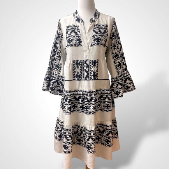 MSK Linen Blend Tunic Dress Women Size L Black White Tiered Boho Geometric Aztec - Picture 1 of 9